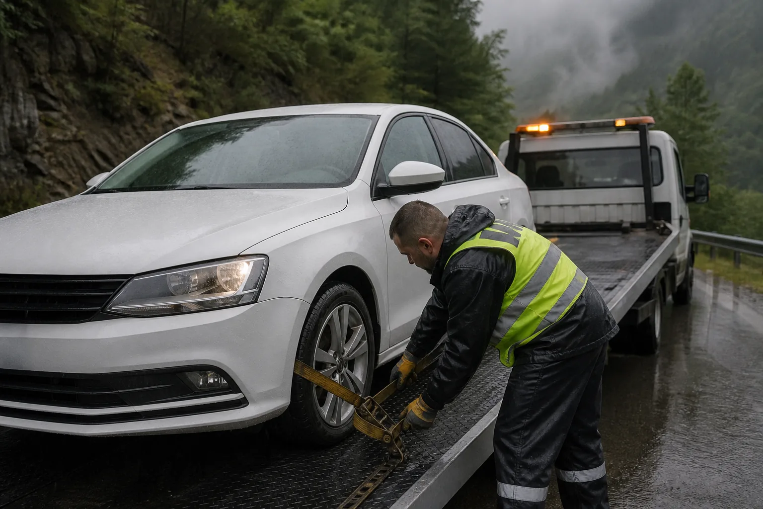 Trabzon dağ yolunda çekici platformunda kayışla kontrollü araç sabitleme
