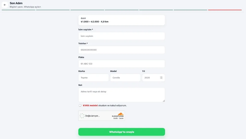 Fiyat Al son adım formu ve WhatsApp onayı