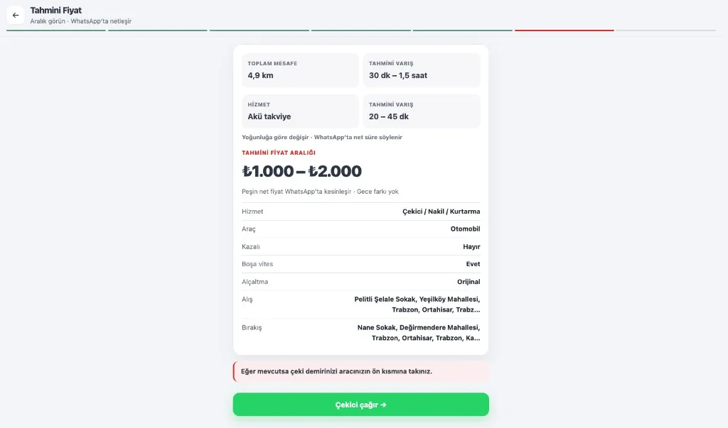Fiyat Al tahmini fiyat aralığı ekranı