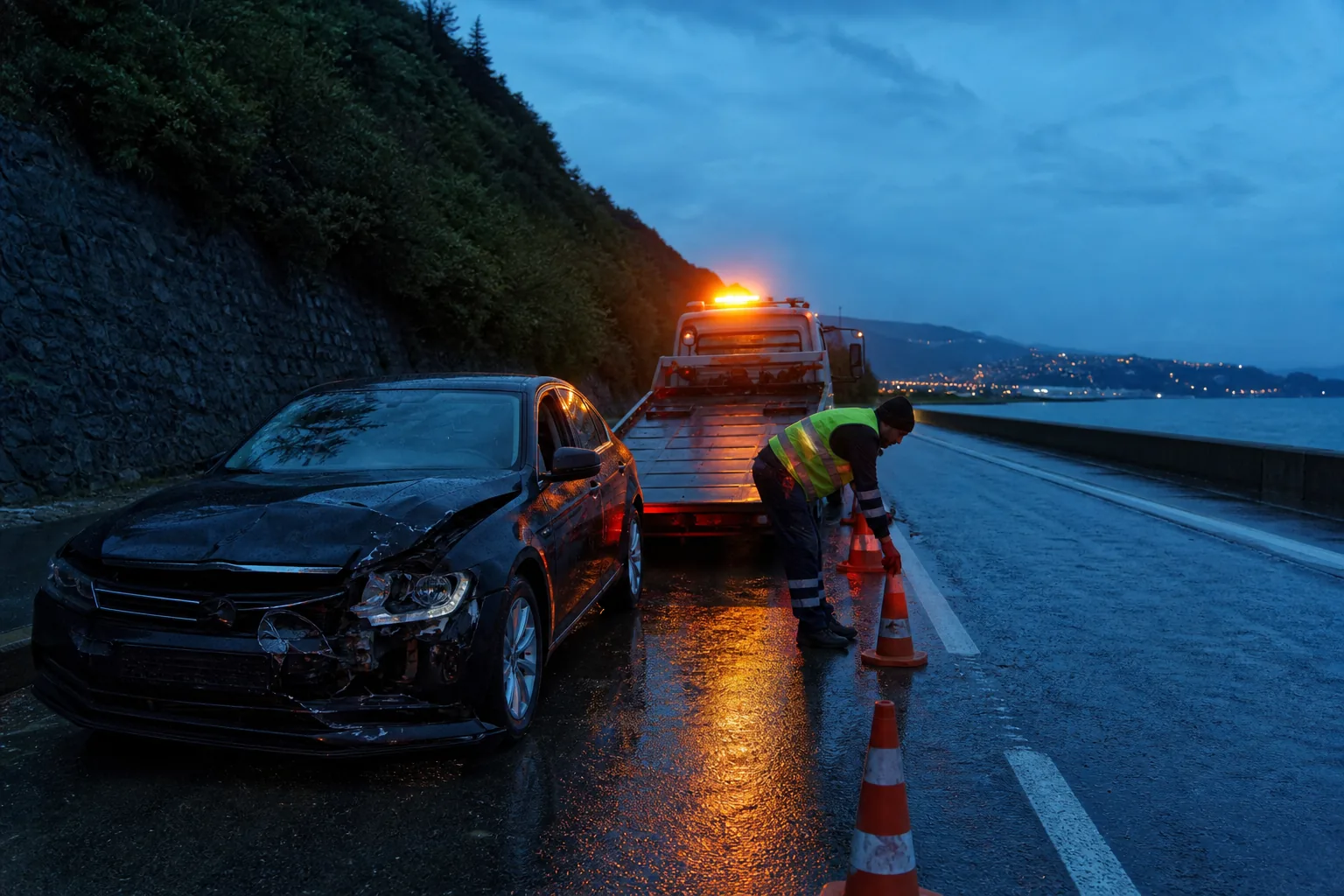 Kaza sonrası hasarlı araç, trafik konileri ve çekici ekibi — Trabzon sahil yolu